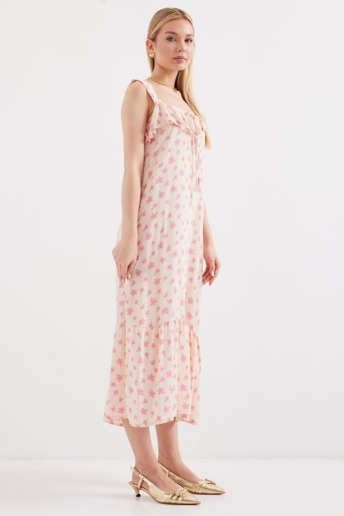 Merterium 2237 Desenli Askılı Viskon Elbise - Pembe