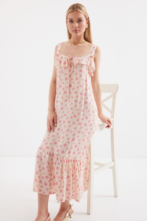 Merterium 2237 Desenli Askılı Viskon Elbise - Pembe