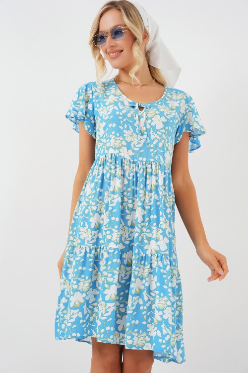 Merterium 2352 V Yaka Kısa Elbise - Açık Mavi