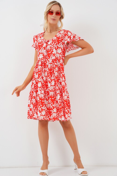 Merterium 2352 V Yaka Kısa Elbise - Kırmızı