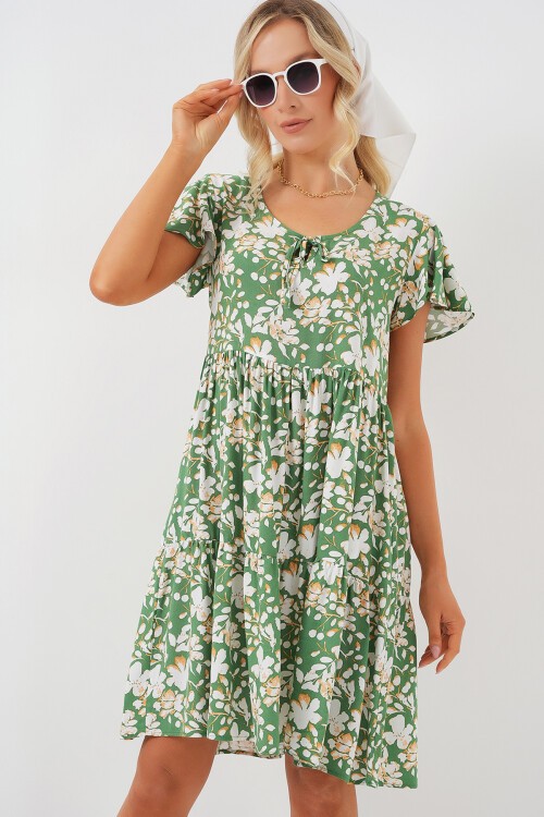 Merterium 2352 V Yaka Kısa Elbise - M. Yeşil