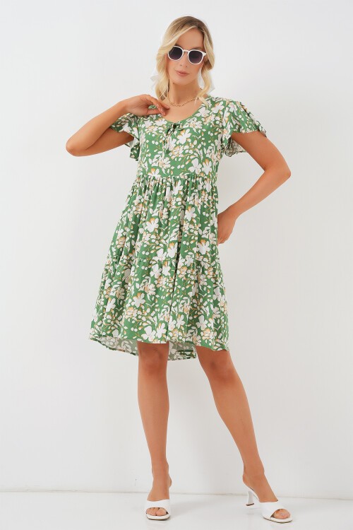 Merterium 2352 V Yaka Kısa Elbise - M. Yeşil