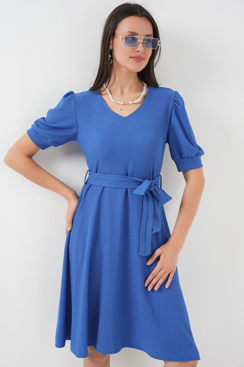 Merterium 2370 Kuşaklı Örme Elbise - Saks