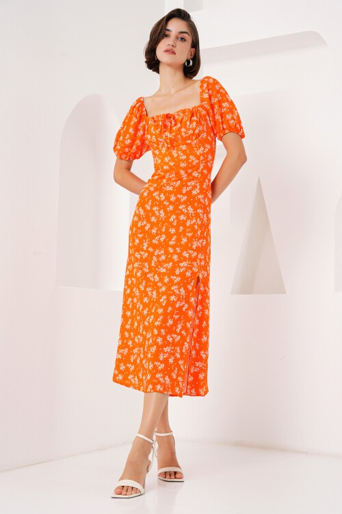 Merterium 2387 Yırtmaç Detaylı Elbise - Turuncu