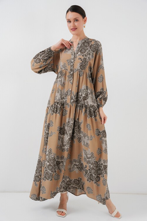 Merterium 2423 Otantik Desenli Tesettür Elbise - A. Vizon