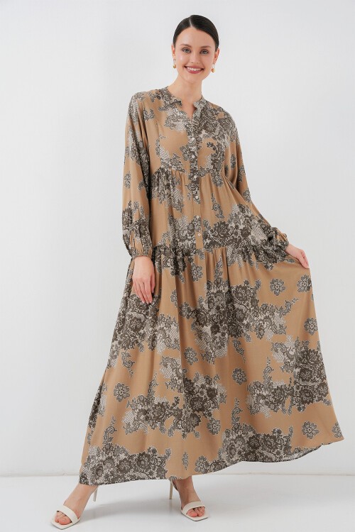 Merterium 2423 Otantik Desenli Tesettür Elbise - A. Vizon