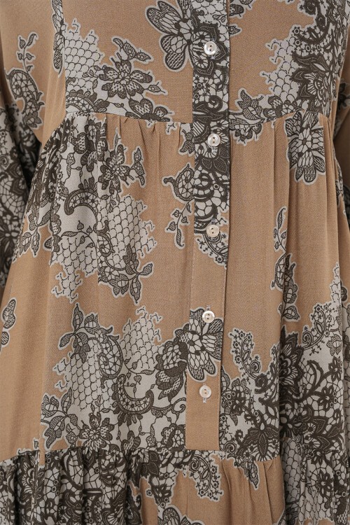 Merterium 2423 Otantik Desenli Tesettür Elbise - A. Vizon