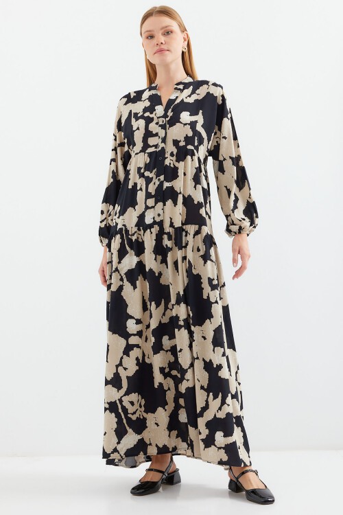 Merterium 2423 Otantik Desenli Tesettür Elbise - A.Bej