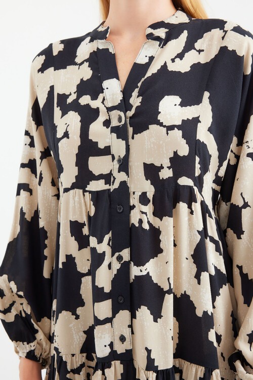 Merterium 2423 Otantik Desenli Tesettür Elbise - A.Bej