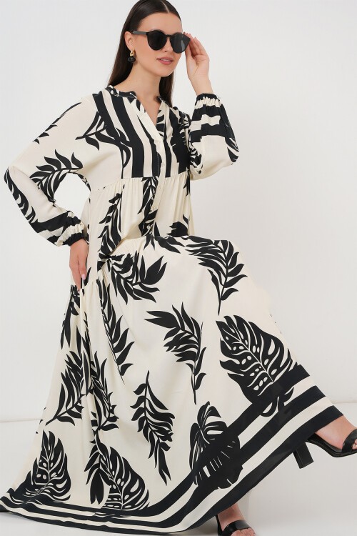 Merterium 2423 Otantik Desenli Tesettür Elbise - A.Beyaz