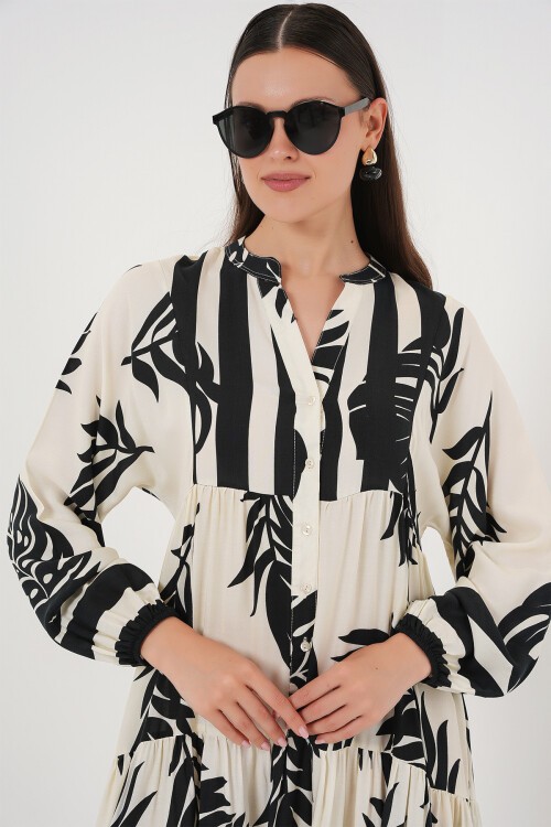 Merterium 2423 Otantik Desenli Tesettür Elbise - A.Beyaz