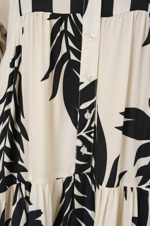 Merterium 2423 Otantik Desenli Tesettür Elbise - A.Beyaz