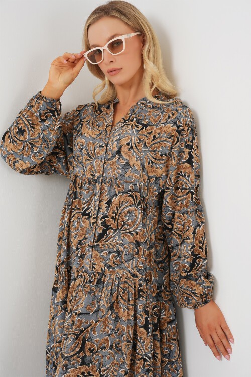 Merterium 2423 Otantik Desenli Tesettür Elbise - A.Gri