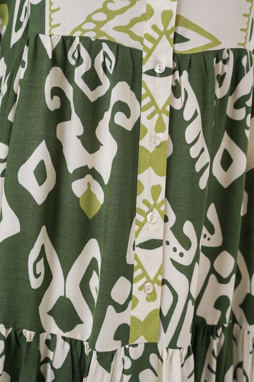 Merterium 2423 Otantik Desenli Tesettür Elbise - B. Haki