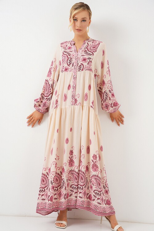 Merterium 2423 Otantik Desenli Tesettür Elbise - Bordo 1