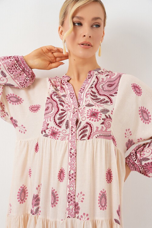 Merterium 2423 Otantik Desenli Tesettür Elbise - Bordo 1