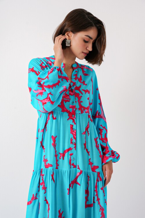 Merterium 2423 Otantik Desenli Tesettür Elbise - Buz Mavi