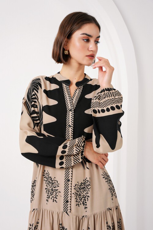 Merterium 2423 Otantik Desenli Tesettür Elbise - C. Vizon