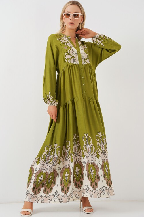 Merterium 2423 Otantik Desenli Tesettür Elbise - Çağla Yeşili