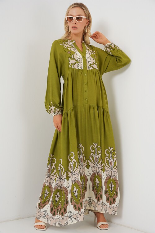 Merterium 2423 Otantik Desenli Tesettür Elbise - Çağla Yeşili
