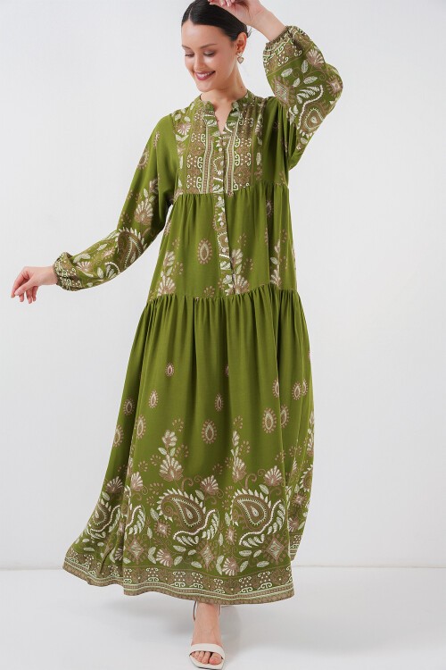 Merterium 2423 Otantik Desenli Tesettür Elbise - D.Haki