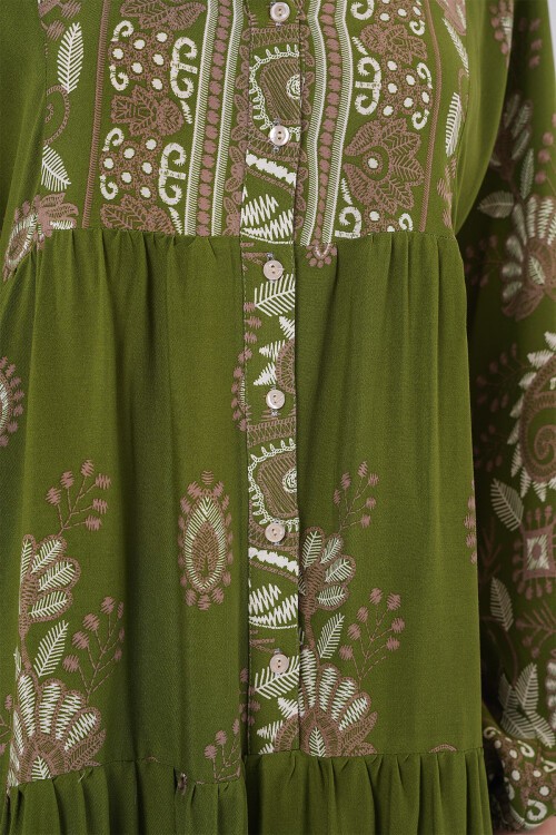 Merterium 2423 Otantik Desenli Tesettür Elbise - D.Haki