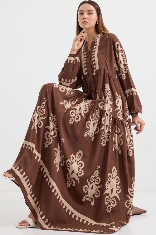 Merterium 2423 Otantik Desenli Tesettür Elbise - D.Kahve