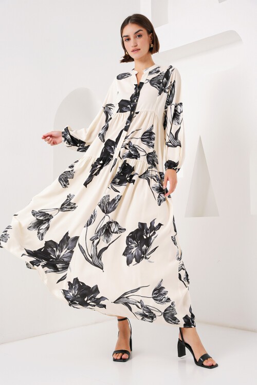 Merterium 2423 Otantik Desenli Tesettür Elbise - D.Krem