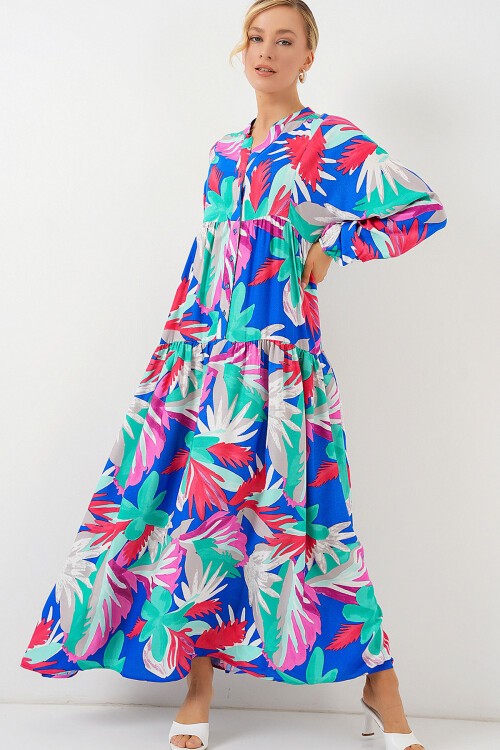 Merterium 2423 Otantik Desenli Tesettür Elbise - D.Pembe