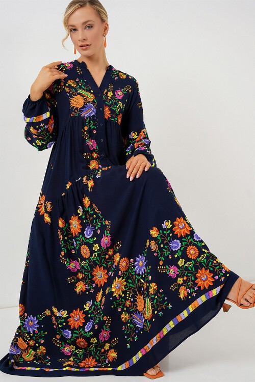 Merterium 2423 Otantik Desenli Tesettür Elbise - Düz Lacivert