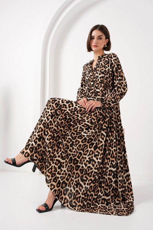 Merterium 2423 Otantik Desenli Tesettür Elbise - E. Kahve