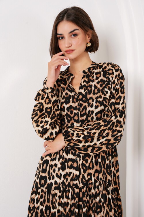 Merterium 2423 Otantik Desenli Tesettür Elbise - E. Kahve