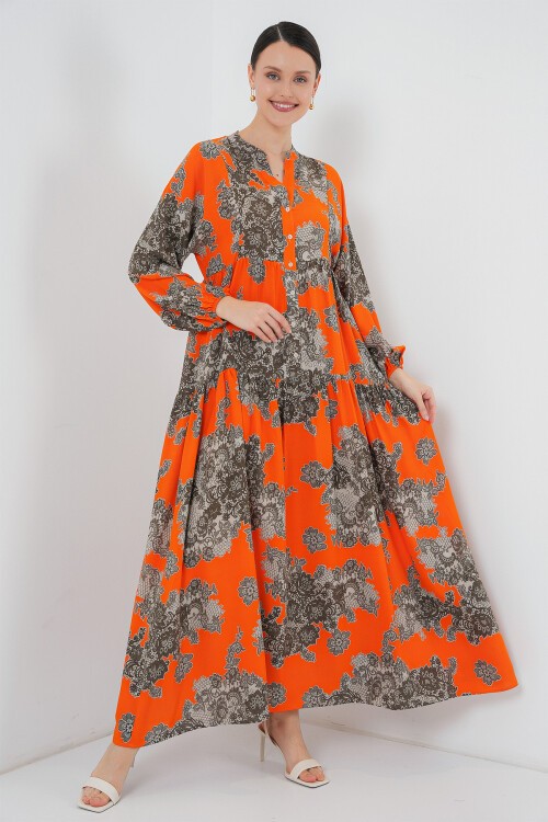 Merterium 2423 Otantik Desenli Tesettür Elbise - E. Turuncu