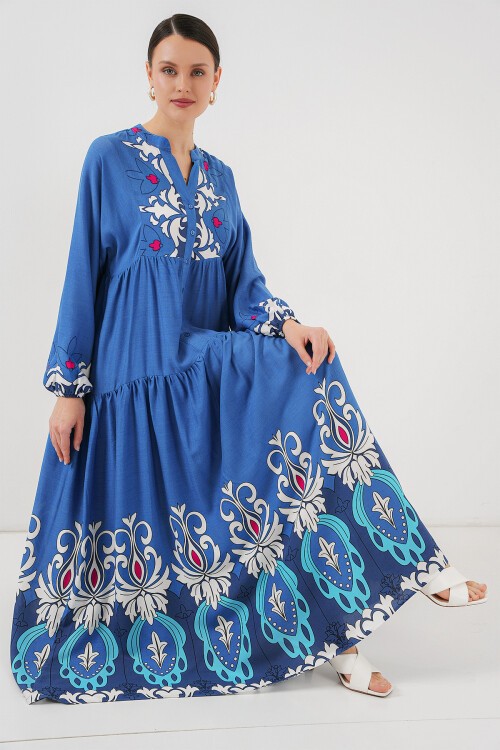 Merterium 2423 Otantik Desenli Tesettür Elbise - F. İndigo