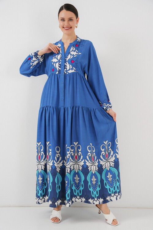 Merterium 2423 Otantik Desenli Tesettür Elbise - F. İndigo