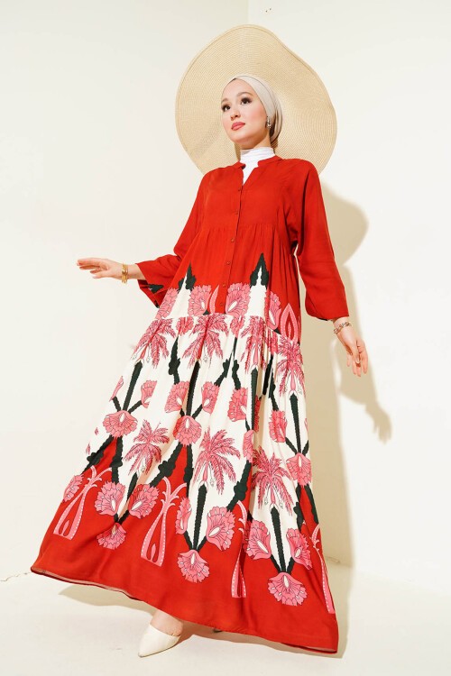 Merterium 2423 Otantik Desenli Tesettür Elbise - F.Bordo