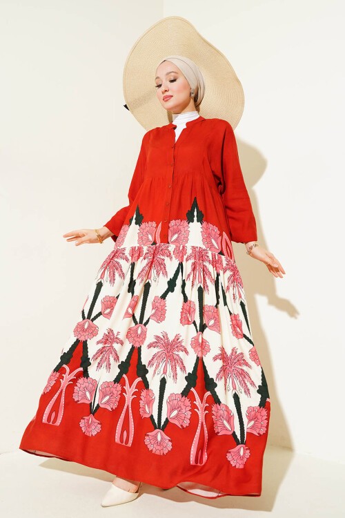 Merterium 2423 Otantik Desenli Tesettür Elbise - F.Bordo