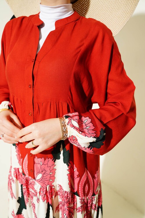 Merterium 2423 Otantik Desenli Tesettür Elbise - F.Bordo