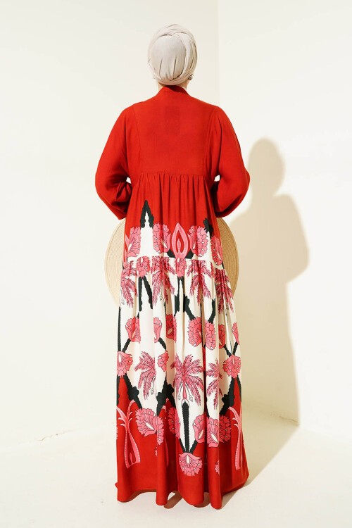 Merterium 2423 Otantik Desenli Tesettür Elbise - F.Bordo