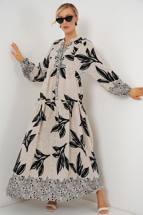 Merterium 2423 Otantik Desenli Tesettür Elbise - F.Gri