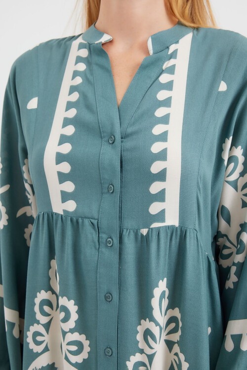 Merterium 2423 Otantik Desenli Tesettür Elbise - F.Mint