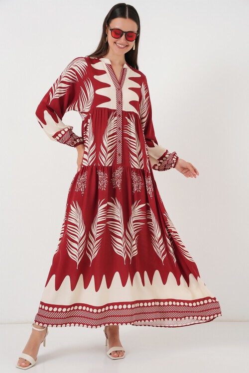 Merterium 2423 Otantik Desenli Tesettür Elbise - G.Bordo
