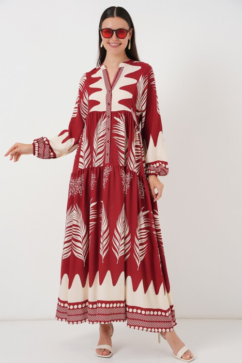 Merterium 2423 Otantik Desenli Tesettür Elbise - G.Bordo