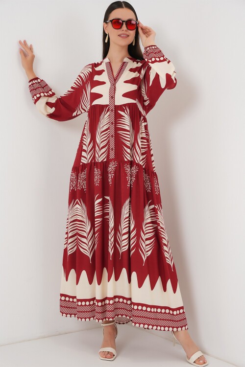 Merterium 2423 Otantik Desenli Tesettür Elbise - G.Bordo