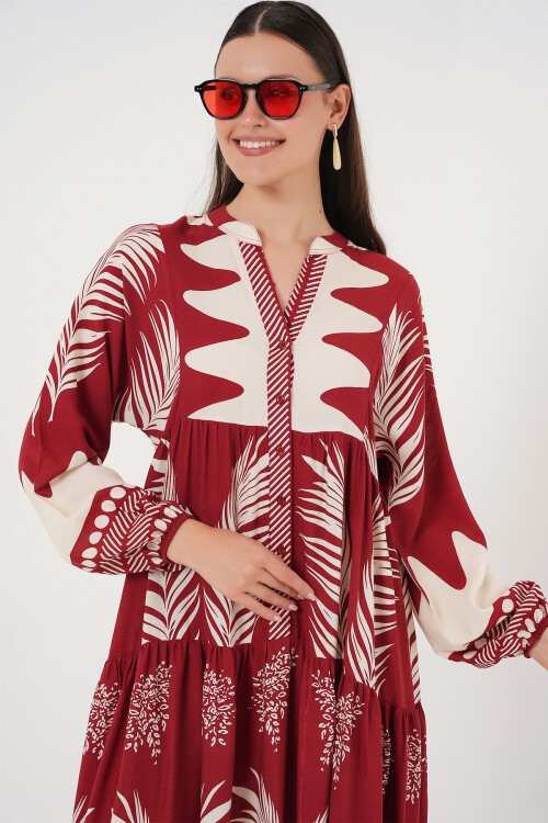 Merterium 2423 Otantik Desenli Tesettür Elbise - G.Bordo