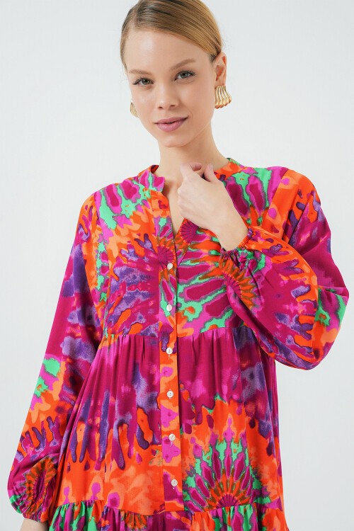 Merterium 2423 Otantik Desenli Tesettür Elbise - H. Fuşya