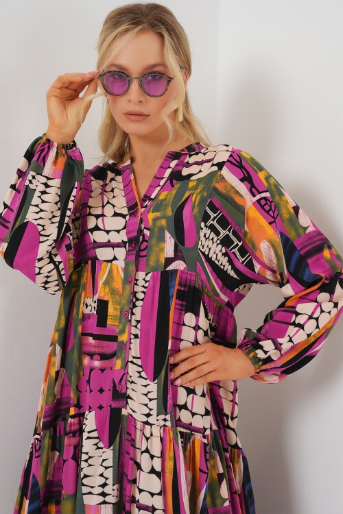 Merterium 2423 Otantik Desenli Tesettür Elbise - H. Haki