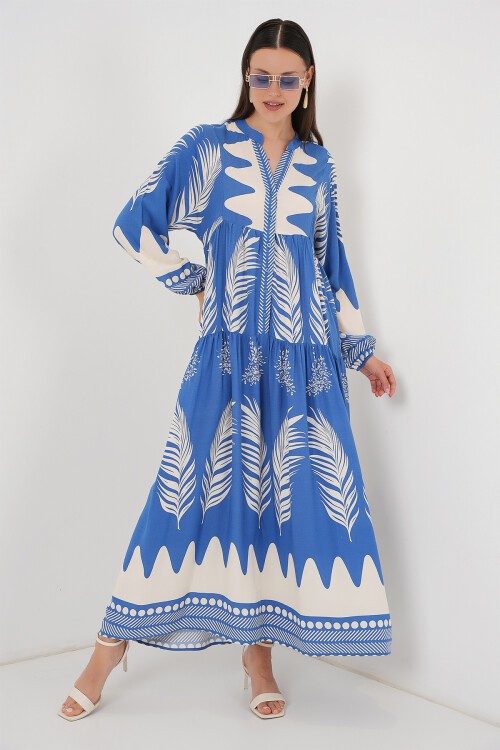 Merterium 2423 Otantik Desenli Tesettür Elbise - H. İndigo