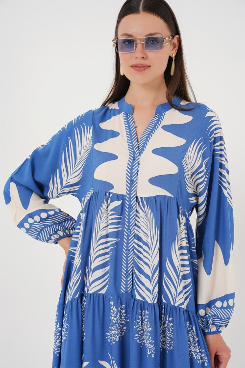 Merterium 2423 Otantik Desenli Tesettür Elbise - H. İndigo