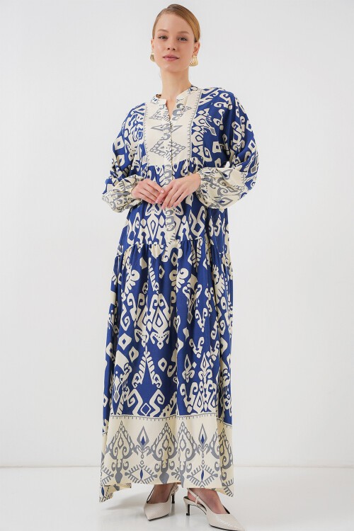 Merterium 2423 Otantik Desenli Tesettür Elbise - İndigo 1